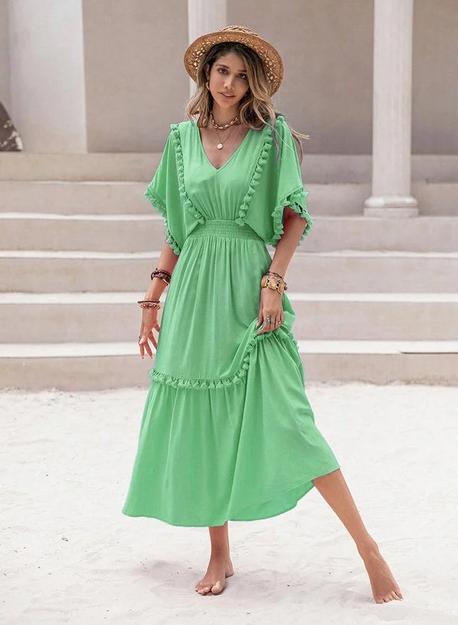 تايك تو فستان ميدي نسائي بياقة على شكل حرف  وتفاصيل شراشيب وأكمام فراشة